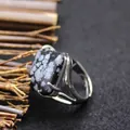 Elegant silver adjustable ring featuring a square snowflake obsidian stone - Adjustable Open / Rhombus Geometric Surface (aljylR862) / Snowflake Obsidian