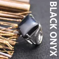 Minimalist square black onyx gemstone ring with polished silver setting for women - Adjustable Open / Rhombus Geometric Surface (aljylR862) / Black Agate