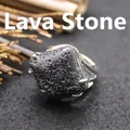 Minimalist silver-tone ring featuring a unique square black porous lava rock stone - Adjustable Open / Rhombus Geometric Surface (aljylR862) / Lava Stone