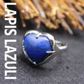 Elegant heart-shaped natural lapis lazuli ring with silver-tone minimalist setting - Adjustable Open / Lapis Lazuli