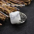 Square white howlite stone ring with marble pattern and silver-plated metal band. - Adjustable Open / Rhombus Geometric Surface (aljylR862) / Howlite
