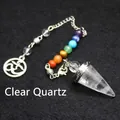 Péndulo chakra de cristal blanco hecho a mano con siete cuentas de arcoíris en cadena de plata - Péndulo de Cristal Blanco con Cadena / Conjunto (Colgante y Cadena)