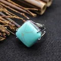 Elegant vintage square turquoise gemstone ring with a polished silver band for women - Adjustable Open / Rhombus Geometric Surface (aljylR862) / Turquoise