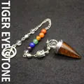 Péndulo chakra de ojo de tigre con amuleto de cabeza de Buda y cuentas de colores - Péndulo de Ojo de Tigre con Cadena / Conjunto (Colgante y Cadena)