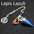 Péndulo de cristal de lapislázuli con 7 piedras de chakra en cadena de plata - Péndulo de Lapislázuli con Cadena / Conjunto (Colgante y Cadena)