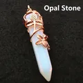 Opalite hexagonal column pendant with rose gold flower filigree decoration - Opal Rose Wrap (Rose Gold) / Milky White