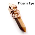 Natural tiger's eye crystal hexagonal pillar pendant with rose gold flower - Pendant Only (Without Chain) / Tiger's Eye