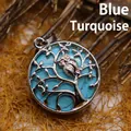 Ciondolo albero della vita argentato con gufo e pietra di turchese blu rotonda - Solo Ciondolo (Senza Catena) / Turchese blu