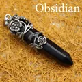 Vintage black obsidian hexagonal point pendant with silver rose flower filigree - Obsidian Rose Pendant (Bronze) (Pendant Only (Without Chain)) / Black