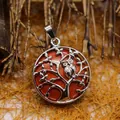 Collana con ciondolo albero della vita e gufo con intarsio in pietra di diaspro rosso - Solo Ciondolo (Senza Catena) / Diaspro Rosso