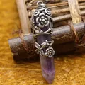 Natural purple amethyst hexagonal column pendant featuring vintage silver floral wrap - Amethyst Rose Wrap Pendant Only (Without Chain) / 53mm x 11mm / Purple