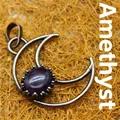 Collier pendentif lune vintage en argent antique avec incrustation de cristal d'améthyste violet - Pendentif améthyste violette
