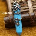 Vintage turquoise blue hexagonal prism pendant with silver floral vine wrap - Blue Turquoise Rose Wrap Pendant Only (Without Chain) / 53mm x 11mm / Sky Blue