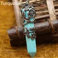 Vintage style turquoise hexagonal pillar pendant featuring antique silver floral wrap design - Turquoise Rose Wrap Pendant Only (Without Chain) / 53mm x 11mm / Teal