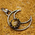 Collier pendentif lune en argent vintage avec incrustation de pierre oeil de tigre - Pendentif Oeil de Tigre