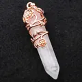 Natural white crystal hexagonal column pendant with rose gold flower wrap for women - Pendant Only (Without Chain) / White Crystal