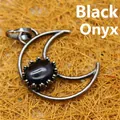 Pendentif croissant de lune vintage en argent antique avec agate noire ovale fine - Pendentif Agate Noire