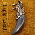 Vintage lapis lazuli stone wolf tooth pendant with engraved metal wolf head for men - Wolf Tooth / Lapis Lazuli