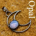 Collier pendentif lune vintage en argent avec une pierre d'opalite ovale brillante - Pendentif Opale