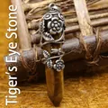Antique silver-wrapped natural Tiger's Eye crystal hexagonal prism pendant with rose flower decor - Tiger's Eye Rose Wrap Pendant Only (Without Chain) / 53mm x 11mm / Tan