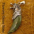 Gothic wolf tooth pendant with green stone and vintage silver wolf head for men - Wolf Tooth / Unakite