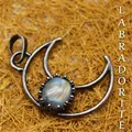 Pendentif de collier lune croissante argentée vintage avec pierre de labradorite - Pendentif Labradorite