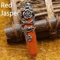 Natural Red Jasper hexagonal pillar pendant with vintage rose floral vine metal wrap - Red Stone Rose Wrap Pendant Only (Without Chain) / 53mm x 11mm / Dark Red