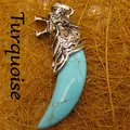 Antique silver wolf head blue wolf tooth pendant necklace for men holiday gift - Wolf Tooth / Turquoise