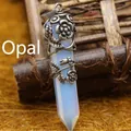 Vintage style flower wrapped opalite hexagonal column gemstone pendant necklace for women - Opalite Rose Wrap (Antique Bronze) (Pendant Only) / White