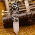 Vintage rose quartz hexagonal pillar pendant with antique floral metal overlay jewelry - Rose Quartz Rose Wrap (Antique Bronze) (Pendant Only) / Pink