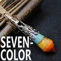 Vintage hexagonal chakra crystal pendulum pendant with ornate antique metal cap decoration - Rainbow