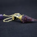 Amethyst crystal hexagonal cone dowsing pendulum with gold baroque engraved cap and chain - Amethyst