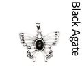 Silver vintage butterfly pendant with oval black agate natural stone inlay - Black Agate (Hollow Style) / Black