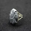 Large oval snowflake obsidian cabochon ring with adjustable silver-tone band - Adjustable Open / Snowflake Obsidian