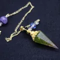 Baroque style peridot crystal cone pendulum with golden chain and amethyst beads - Peridot