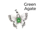 Vintage silver-toned butterfly pendant featuring an oval green natural stone inlay - Green Agate (Hollow Style) / Green