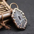 Ciondolo vintage in fetta di agata nera con bordo a ramo in bronzo anticato - Pendente Nero