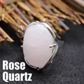 Large oval rose quartz gemstone ring with an adjustable open silver metal band design - Adjustable Open / Rose Quartz