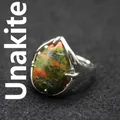 Adjustable waterdrop Unakite stone ring with vintage silver finish for women - Unakite