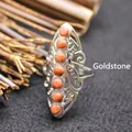 Vintage silver-tone filigree adjustable ring with seven vertical goldstone beads - Adjustable Open / Gold Sandstone