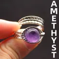 Bohemian style vintage silver feather adjustable open ring with a round purple crystal stone - Adjustable Open / Amethyst