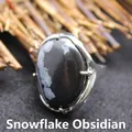 Exaggerated oval snowflake obsidian statement ring with adjustable silver-tone band - Adjustable Open / Snowflake Obsidian