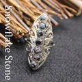 Exaggerated silver-tone adjustable ring with natural snowflake obsidian stones - Adjustable Open / Snowflake Obsidian