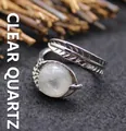 Medieval retro style adjustable silver ring featuring a large round white crystal - Adjustable Open / White Crystal