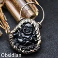 Colgante de Buda sonriente de obsidiana estilo étnico con marco de bronce antiguo - Solo Colgante / Negro (Obsidiana)