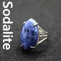 Adjustable silver ring featuring a large oval blue sodalite natural gemstone statement - Adjustable Open / Blue Sodalite