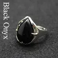 Elegant waterdrop pear-shaped black stone adjustable ring in silver-tone finish. - Black Agate
