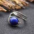 Vintage medieval style adjustable lapis lazuli ring with engraved feather motif design - Adjustable Open / Lapis Lazuli