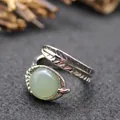 Antique silver plated adjustable feather ring featuring a round green aventurine stone - Adjustable Open / Aventurine Jade