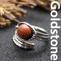 Retro adjustable open ring featuring sparkling brown goldstone with feather pattern band - Adjustable Open / Gold Sandstone